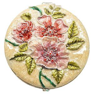 Dual Compact Purse Mirror Colorful Flower Round style ivory Cream base display